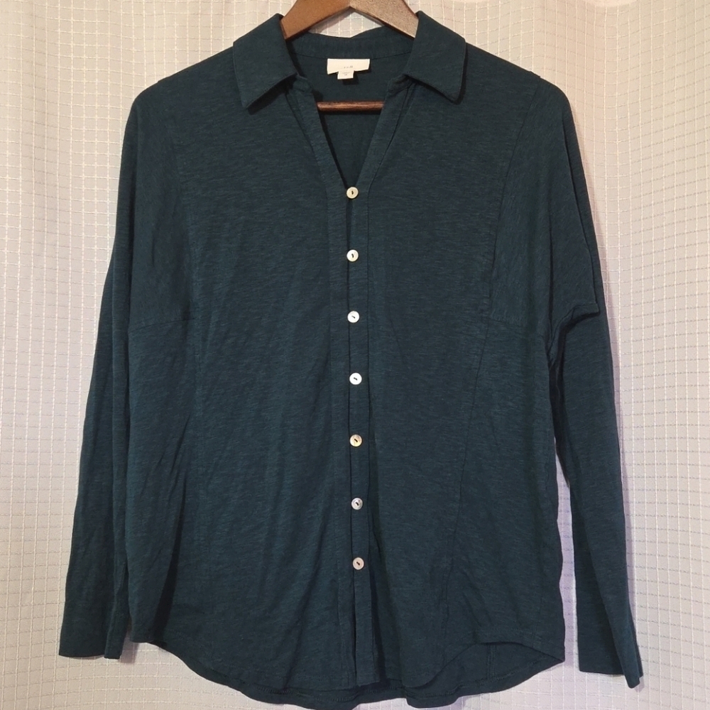 J Jill Stretch  Shirt Cotton Modal Long Sleeve Button Up Dark Green